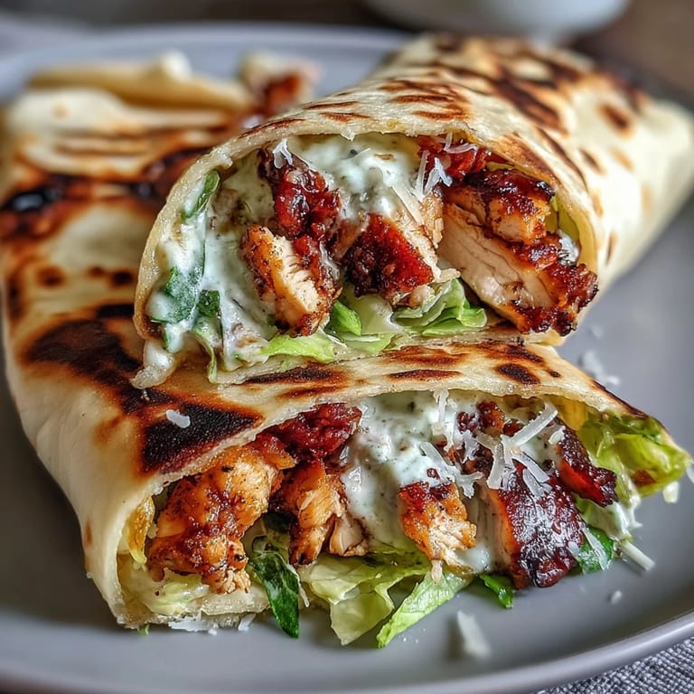 Freshly grated Parmesan and halved cherry tomatoes top these Garlic Naan Grilled Chicken Caesar Wraps, served on a rustic cutting board.