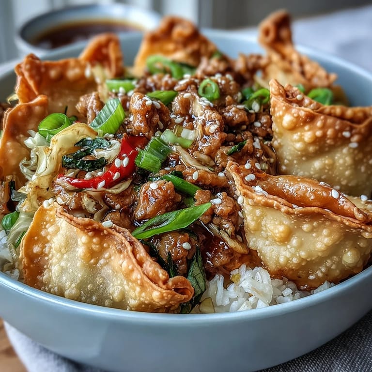 Serving suggestion for Crispy Baked Egg Roll Chicken Bowl topped with sesame seeds and golden wonton strips.