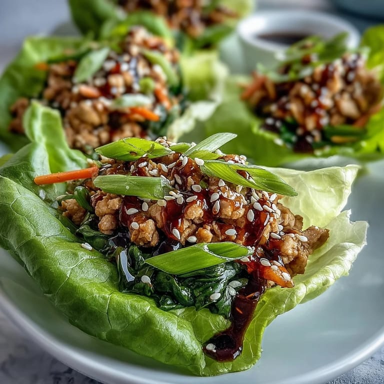 Close-up of Potsticker Noodle Lettuce Cups topped with herbs and sesame seeds, served on a white plate with chopsticks.