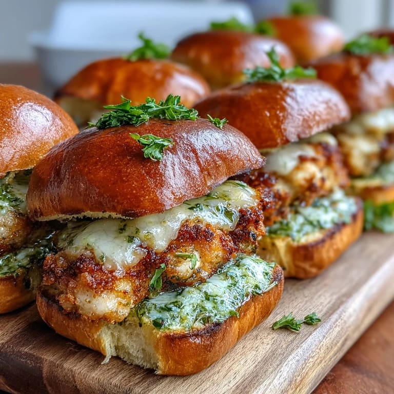 Pesto Chicken Parmesan Sliders stacked high on a serving platter for a party tray.