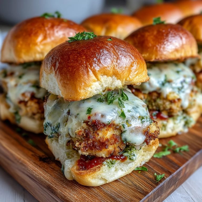 Close-up of Pesto Chicken Parmesan Sliders showing juicy chicken and melted mozzarella layers.