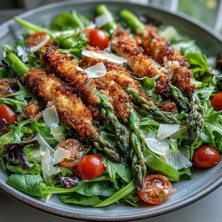 Bright lemon dressing glistens on Crispy Parmesan Asparagus Chicken Salad, garnished with cherry tomatoes and shaved cheese.