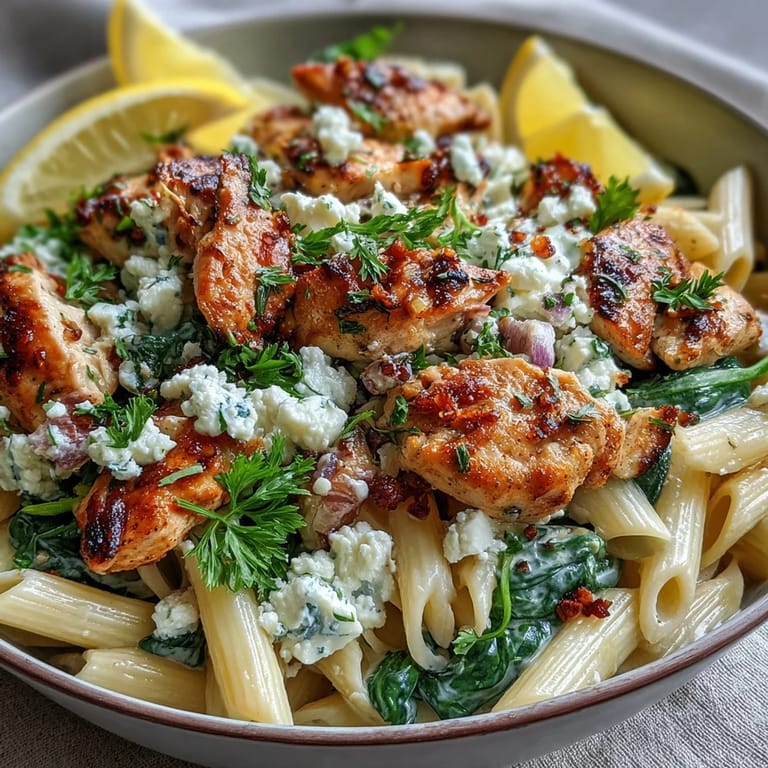 This Greek Chicken Feta Pasta Skillet is garnished with fresh parsley and lemon wedges on a rustic wooden table.
