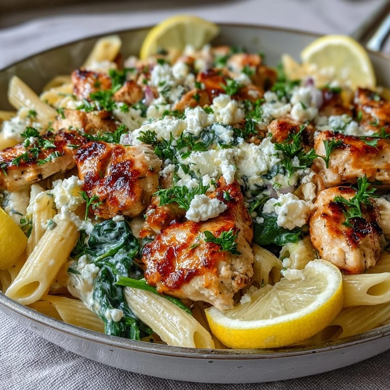 Serving of Greek Chicken Feta Pasta Skillet with a creamy yogurt sauce, perfect for a quick weeknight Mediterranean dinner.