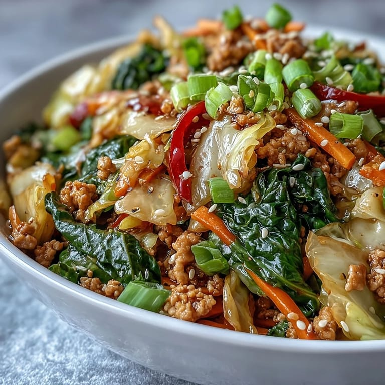 Tender cabbage, crisp carrots, and savory turkey tossed with green onions in a skillet for a healthy, low-carb meal.