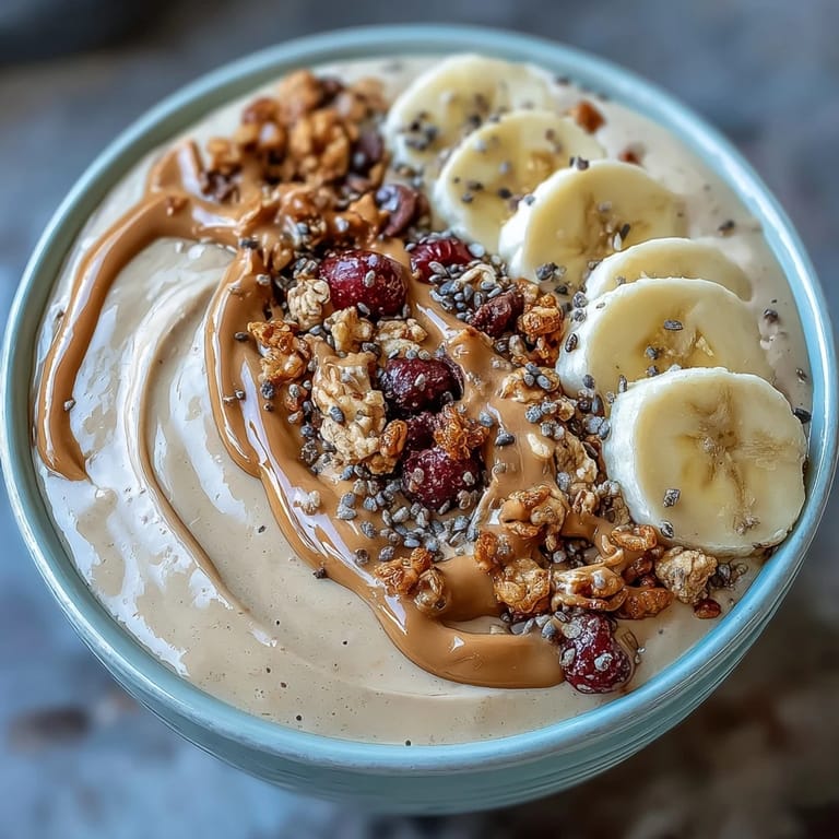 A close-up of a thick Vegan Peanut Butter Banana Protein Smoothie Bowl drizzled with peanut butter and sprinkled with cacao nibs. 