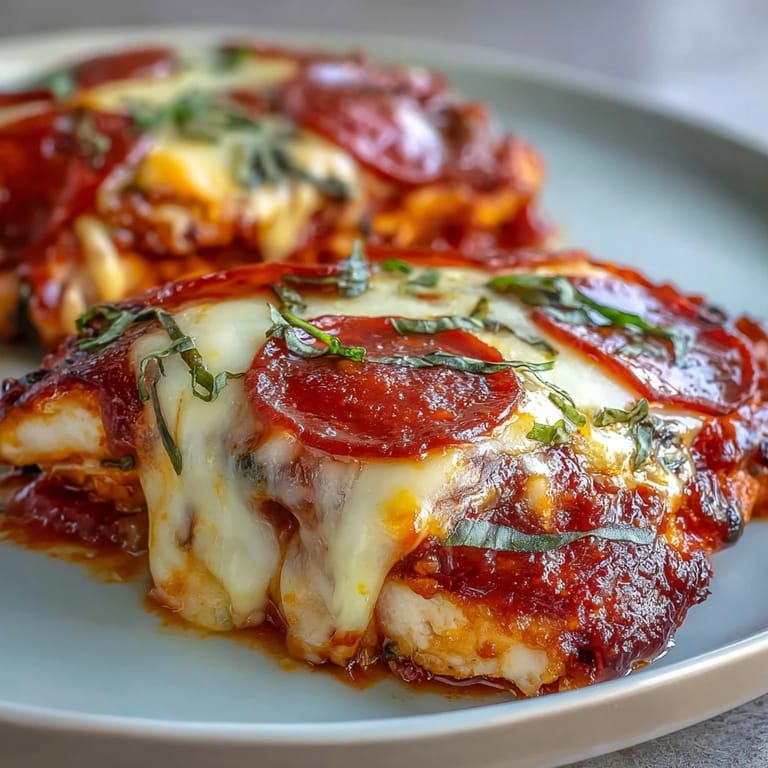Savory Keto Pepperoni Pizza Chicken Bake in a casserole dish, topped with melted cheese and fresh basil.  