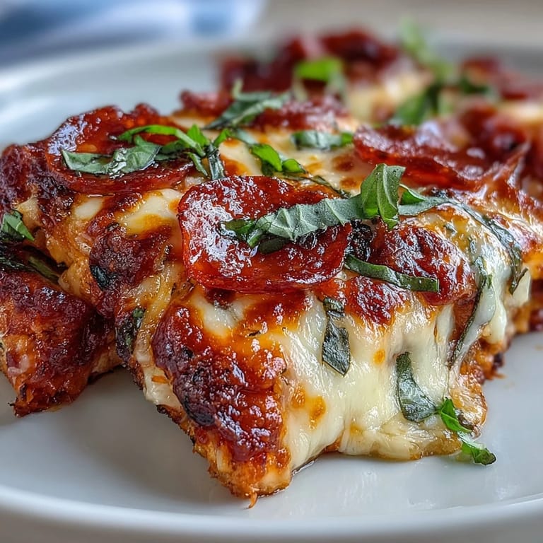 Juicy Keto Pepperoni Pizza Chicken Bake on a white plate, garnished with parsley alongside a fresh salad.