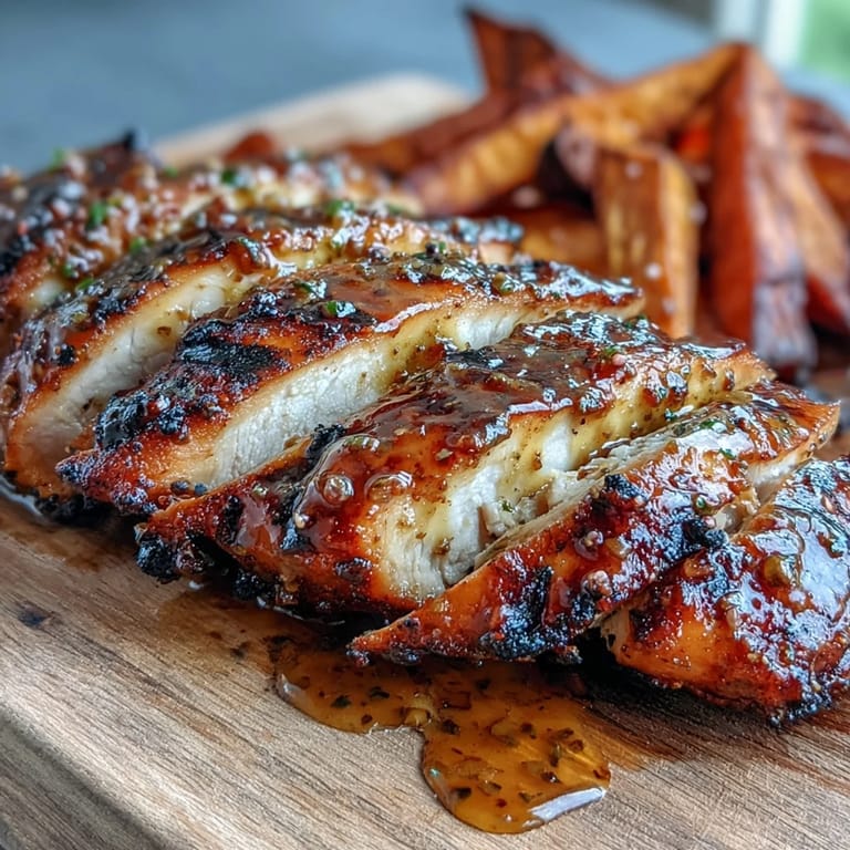 Juicy Honey Mustard Grilled Chicken with Roasted Sweet Potato Wedges garnished with parsley and drizzled sauce.