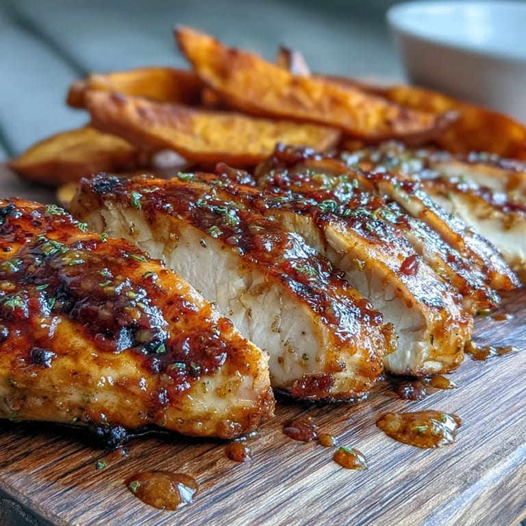 Close up of Honey Mustard Grilled Chicken with Roasted Sweet Potato Wedges showing caramelized glaze and steam.