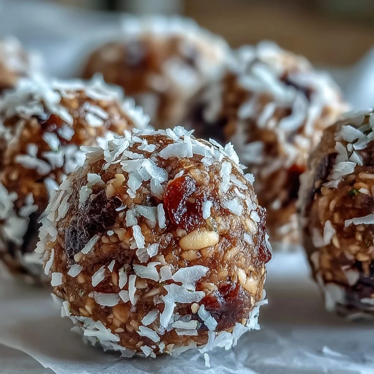 A close-up of Vegan Coconut Lime Energy Balls with dates and cashews shows sticky interiors and shredded coconut texture, perfect for a healthy snack.