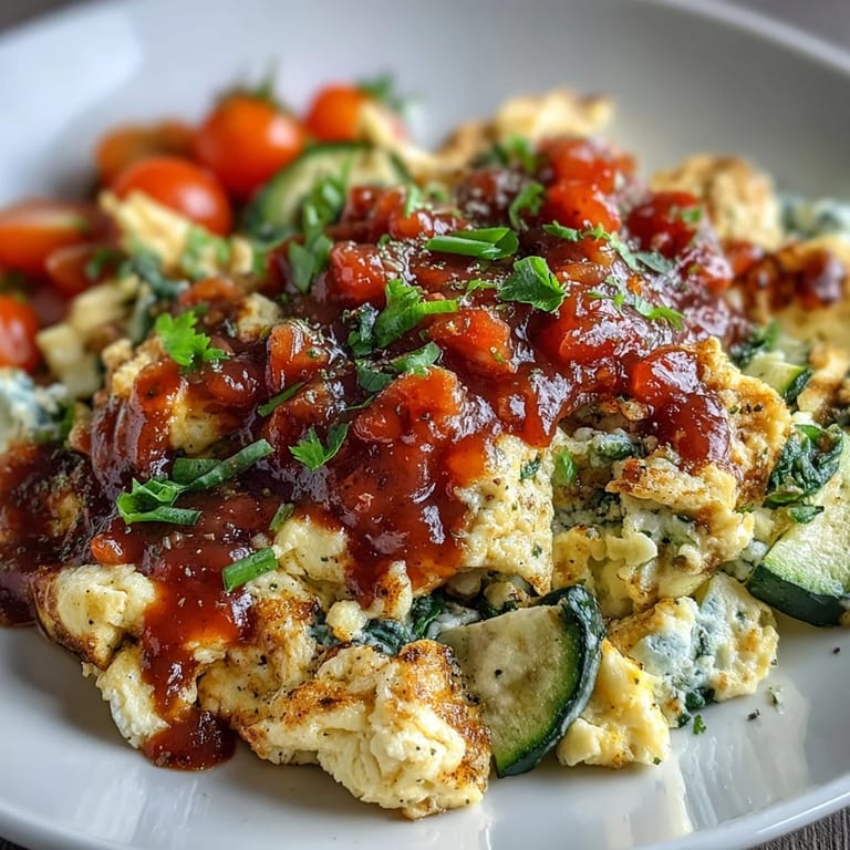 A close up of Egg White Veggie Scramble with Salsa served beside crispy whole grain toast.