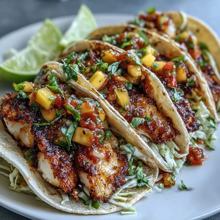 These Light Mango Salsa Tilapia Tacos in Corn Tortillas are loaded with juicy tilapia, fresh salsa, and shredded cabbage, perfect for a quick dinner.