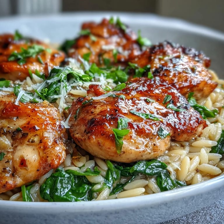 Tender chicken thighs simmered in lemon garlic sauce with orzo and vibrant green spinach leaves.