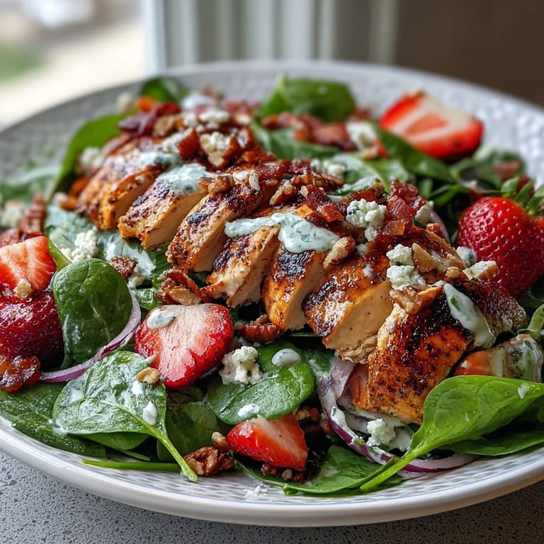 A close-up of Grilled Chicken and Strawberry Spinach Salad with Poppy Seed Dressing featuring juicy chicken, feta, pecans, and a creamy drizzle.