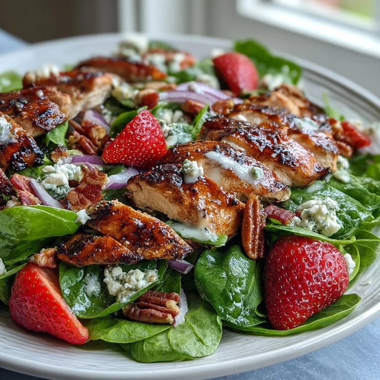 Freshly grilled chicken slices rest atop spinach and strawberries in a vibrant bowl of Grilled Chicken and Strawberry Spinach Salad with Poppy Seed Dressing.
