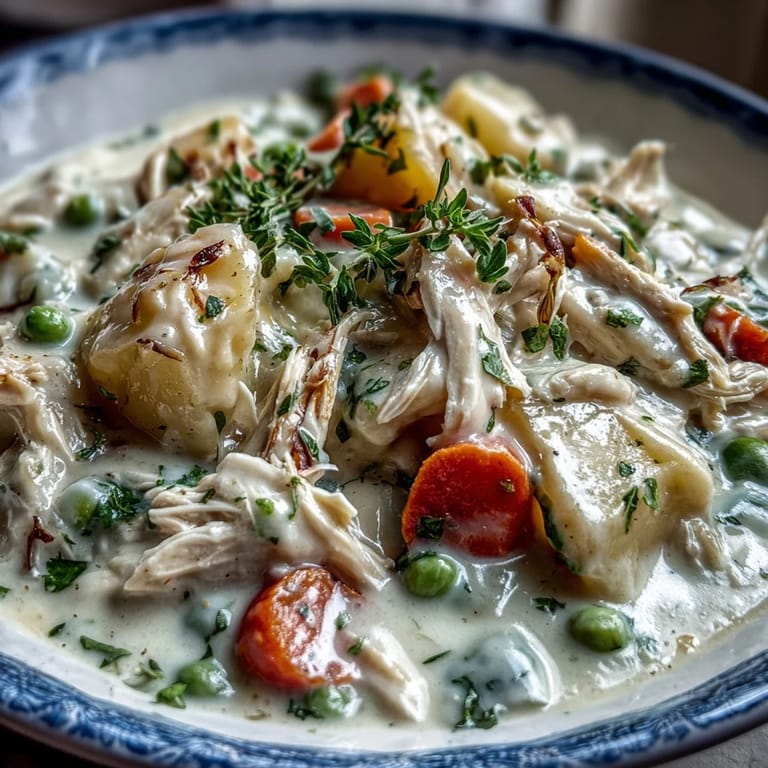 Rich Creamy Chicken Pot Pie Soup loaded with shredded rotisserie chicken, carrots, peas, and potatoes. 