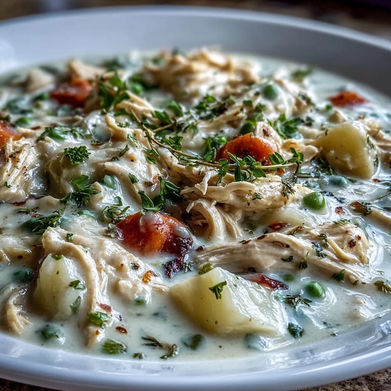 Ladle of Creamy Chicken Pot Pie Soup beside a slice of crusty bread on a rustic table.