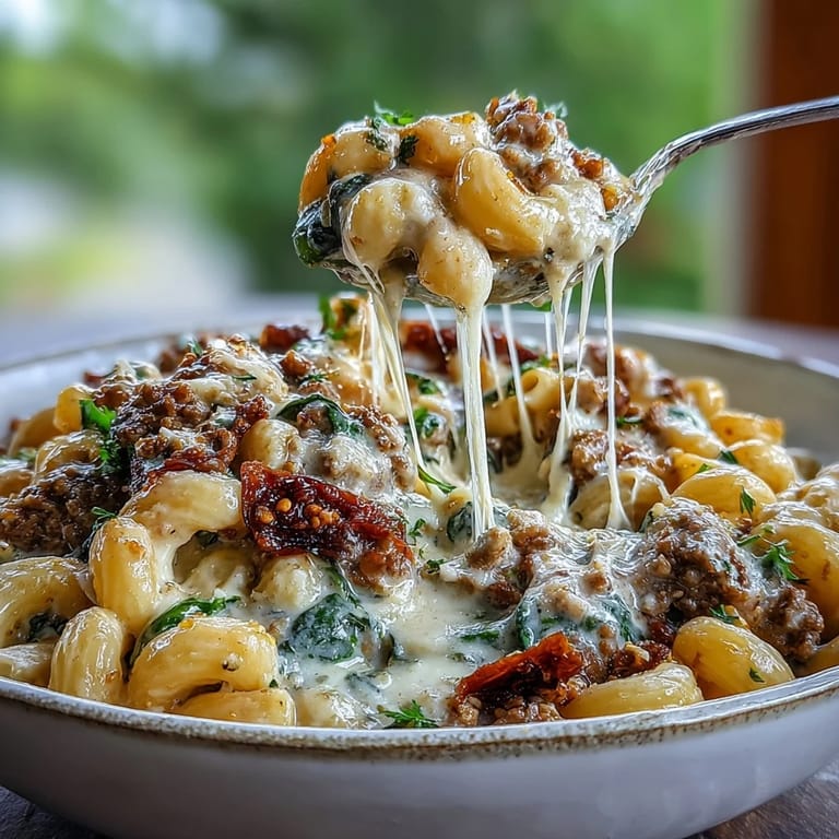 Spoonfuls of Creamy Tuscan Chili Mac reveal tender pasta, ground beef, and vibrant red sun-dried tomatoes.