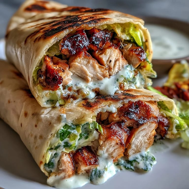 Grilled chicken Caesar salad in warm garlic naan, topped with smoky paprika-seasoned chicken, crunchy romaine, and tangy Caesar dressing for a satisfying wrap.