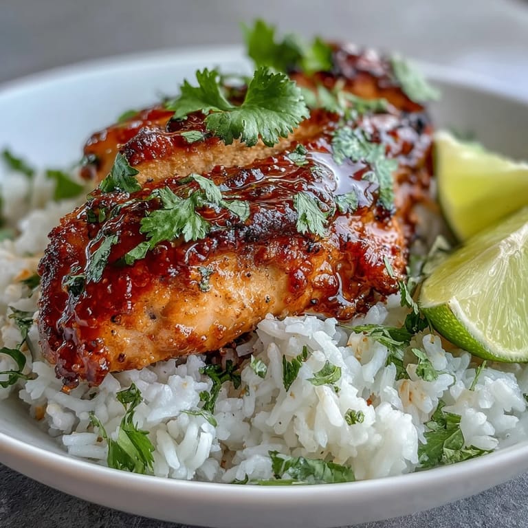 Golden-brown maple-glazed chicken breasts served over creamy coconut jasmine rice with a hint of spice.  
