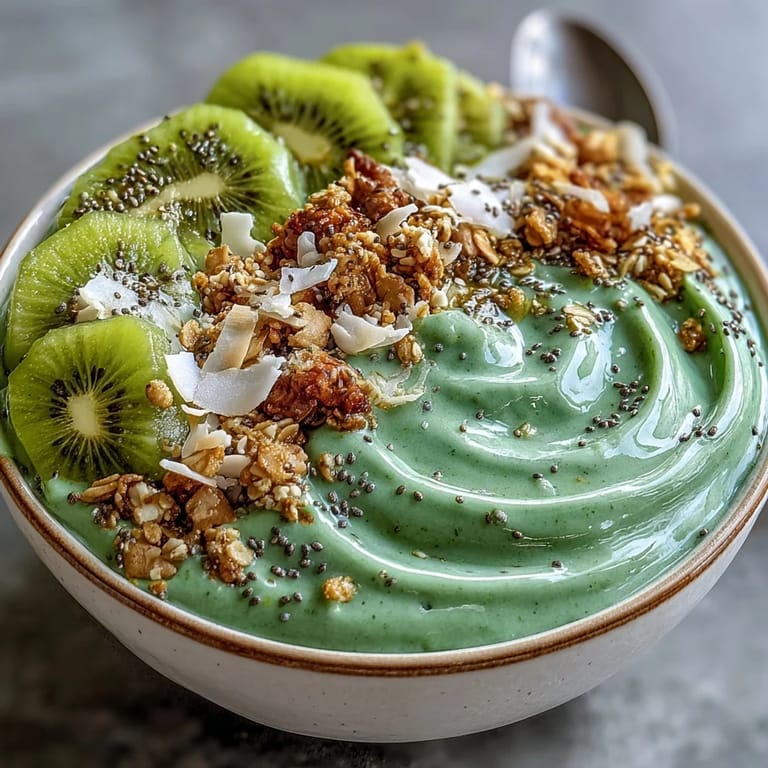 Creamy green smoothie base made with spinach and tropical fruits, garnished with crunchy granola and coconut flakes in a nourishing bowl.  