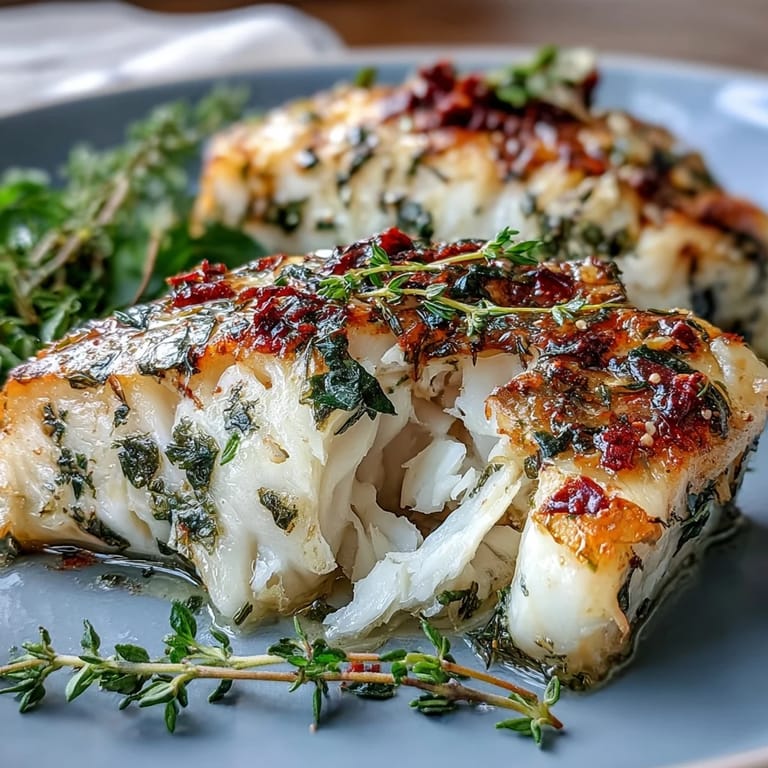 Oven-baked cod fillets infused with garlic, lemon, and thyme, served with vibrant asparagus and cherry tomatoes for a healthy, colorful dinner.  
