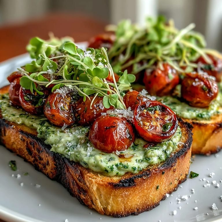 Creamy avocado pesto spread over rustic sourdough toast, topped with juicy cherry tomatoes and crisp microgreens.  