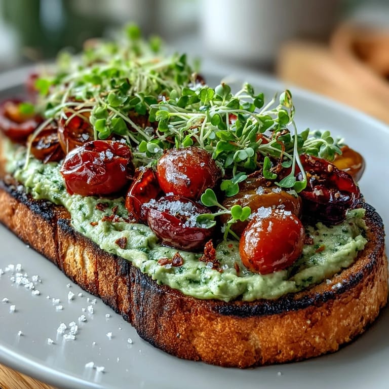 A colorful, vegetarian avocado pesto toast with cherry tomatoes and microgreens, perfect for a quick and healthy meal.
