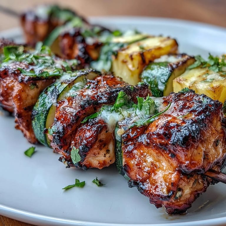 Colorful skewers featuring honey-lime chicken, fresh zucchini, and caramelized pineapple, grilled until smoky and served with lime wedges.
