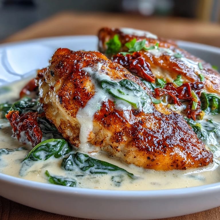 Tender seared chicken breasts simmered in a velvety cream sauce with baby spinach and tangy sun-dried tomatoes for a keto-friendly dinner.