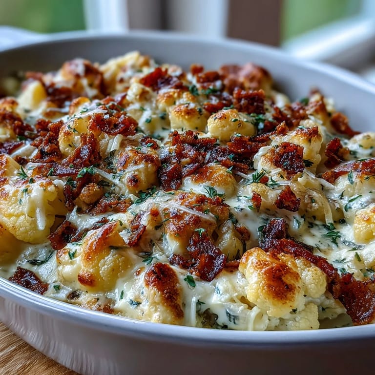 Rich and cheesy keto mac and cheese featuring tender roasted cauliflower and smoky bacon crumb topping for texture.