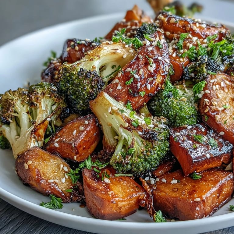 A vibrant sheet pan of seasonal vegetables tossed in umami-rich miso-butter glaze, golden and tender.