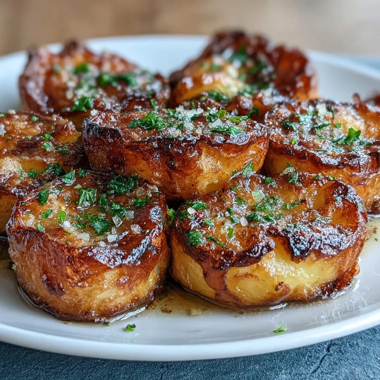 Fluffy roasted baby potatoes with golden, crispy edges, finished with aromatic garlic oil and fresh parsley for a perfect vegetarian side.  