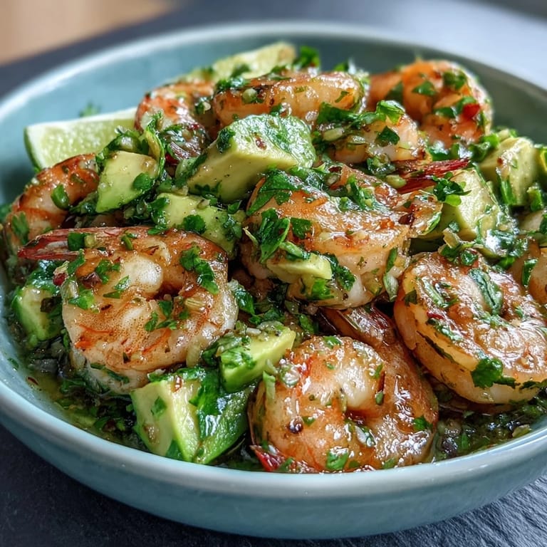 Vibrant Chilli Lime Shrimp Ceviche with juicy shrimp, diced avocado, and a bold chilli-lime flavor, served chilled with lime wedges.