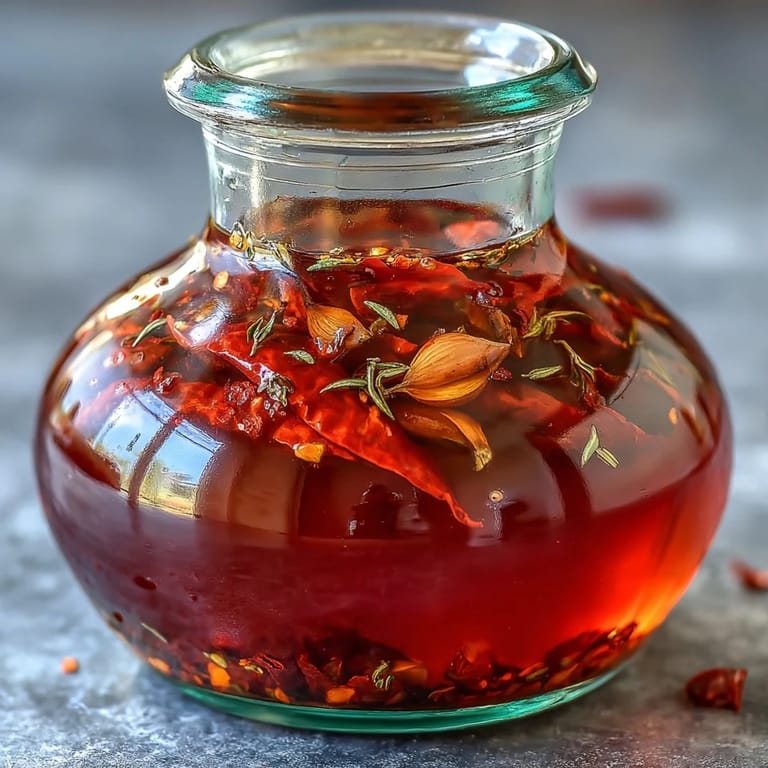 Aromatic homemade chili oil infused with Calabrian peppers, garlic, and herbs, perfect for drizzling.