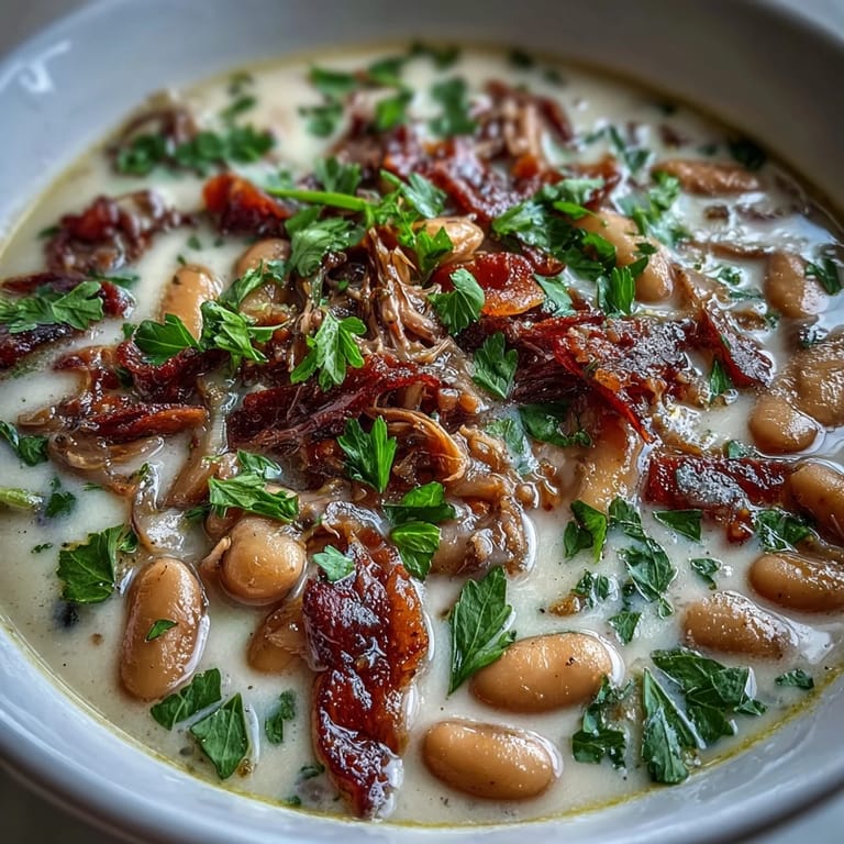 A comforting White Bean and Ham Hock Soup featuring slow-simmered beans, savory vegetables, and shredded ham, served hot in a deep bowl for a cozy winter meal.