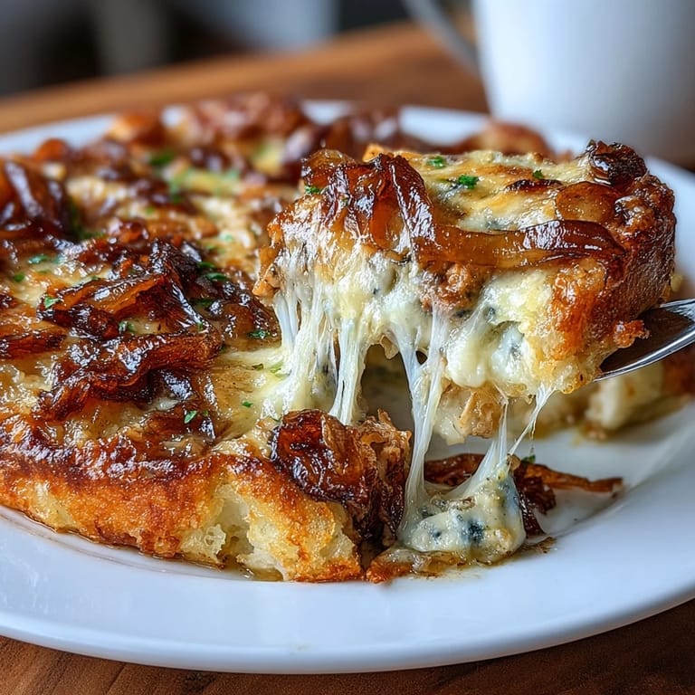 Golden-baked French Onion Chicken with caramelized onions and rich Gruyere cheese melted over juicy chicken breasts in a skillet.