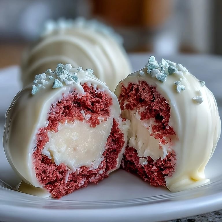 Handcrafted pink velvet cake pops filled with tangy cream cheese frosting, dipped in smooth white chocolate for a sweet treat.  