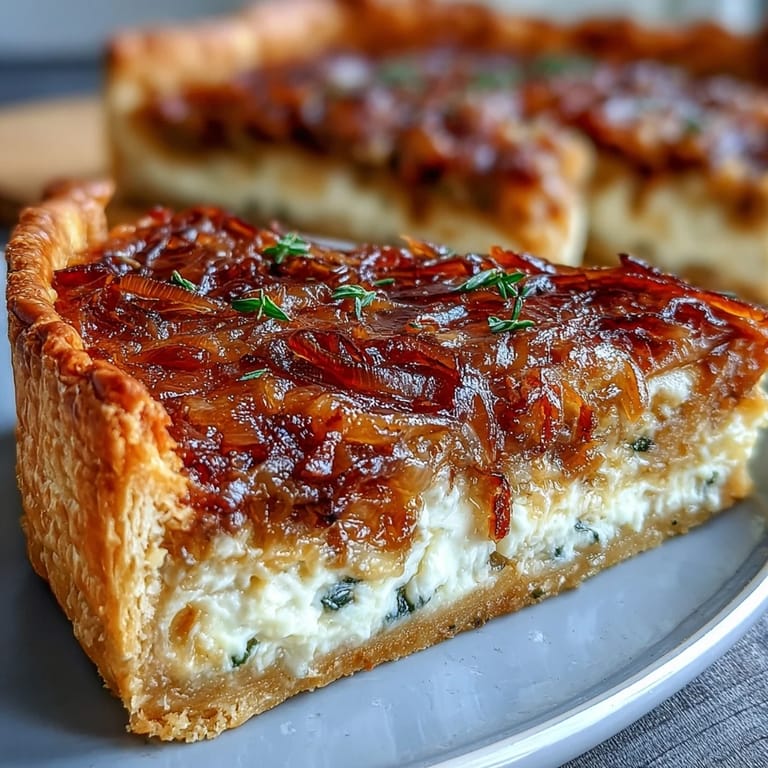 Elegant caramelized onion and Gruyere tart with golden crust, served warm and ready for a sophisticated meal.