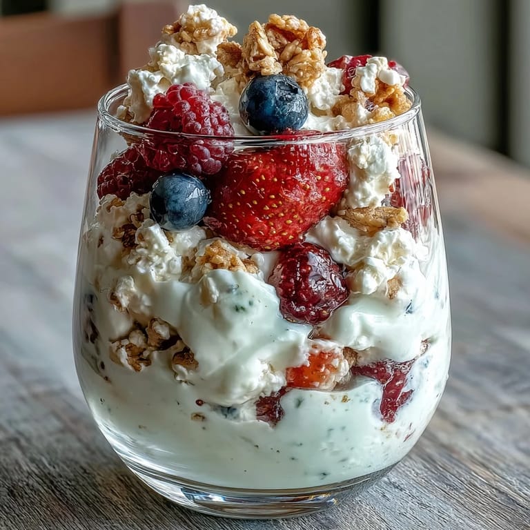 Creamy cottage cheese parfait topped with crunchy granola and a colorful mix of fresh berries, drizzled with honey for natural sweetness.