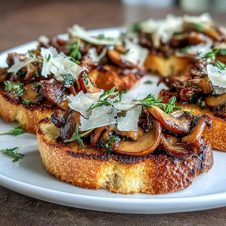 Golden garlic toasts piled high with rich, earthy wild mushrooms, Parmesan shavings, and sprigs of thyme.