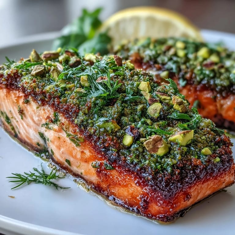 Tender salmon topped with crunchy pistachio-herb crust, offering a perfect balance of rich fish and nutty texture.  