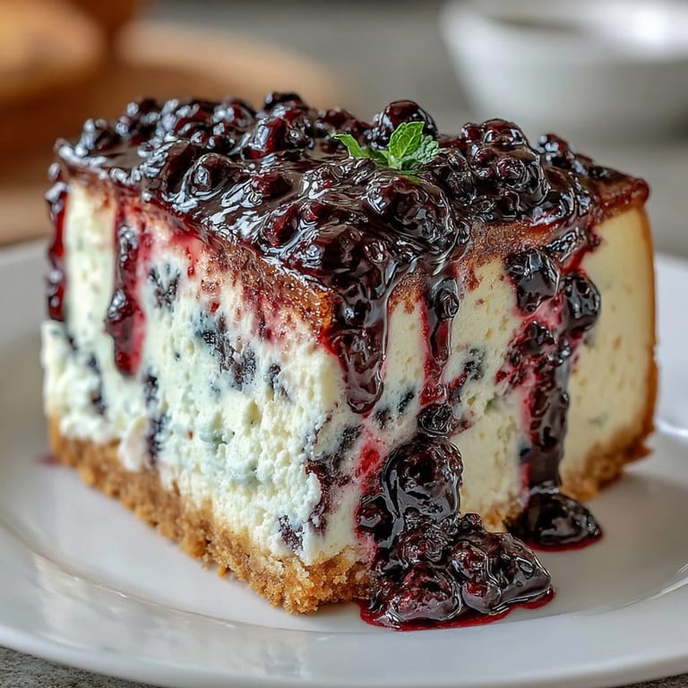 Decadent cheesecake topped with tangy black currant compote, offering a rich, velvety texture and a beautiful marbled presentation.