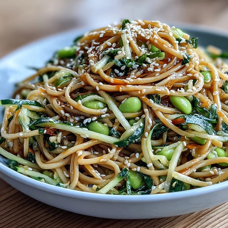 Refreshing vegan sesame ginger noodle bowl topped with crunchy cucumber, sweet carrots, and protein-rich edamame, garnished with green onions and sesame seeds.  