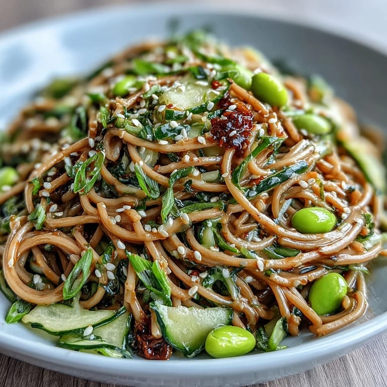 Creamy sesame-ginger dressing coats cold noodles, tossed with fresh cucumber, carrots, and edamame for a satisfying Asian-inspired meal.