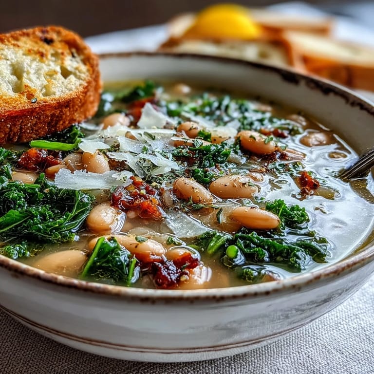 Hearty Tuscan white bean soup with kale, lemon zest, and herbs, perfect for a cozy vegetarian dinner or lunch.
