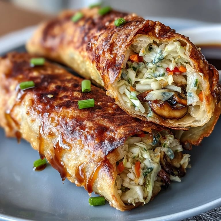 Vegetarian egg rolls packed with fresh vegetables and shiitake mushrooms, air fried until crispy and drizzled with a zesty soy ginger glaze.
