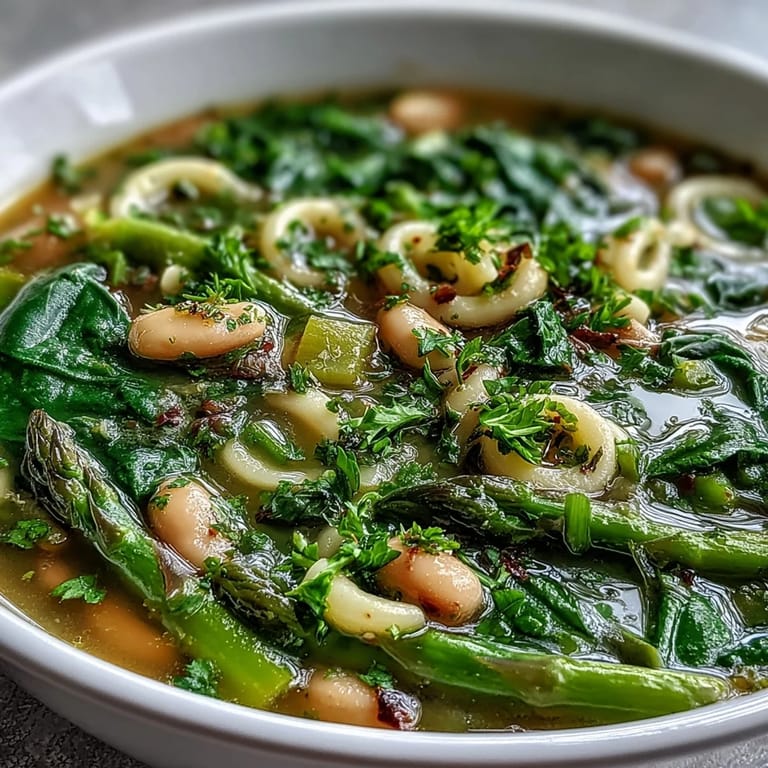 Spring minestrone soup with fresh asparagus, zucchini, and cannellini beans, garnished with parsley and a drizzle of olive oil.
