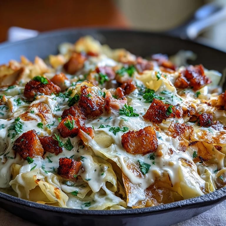 Savory cabbage and ham skillet meal with creamy sauce, served hot from the stovetop.